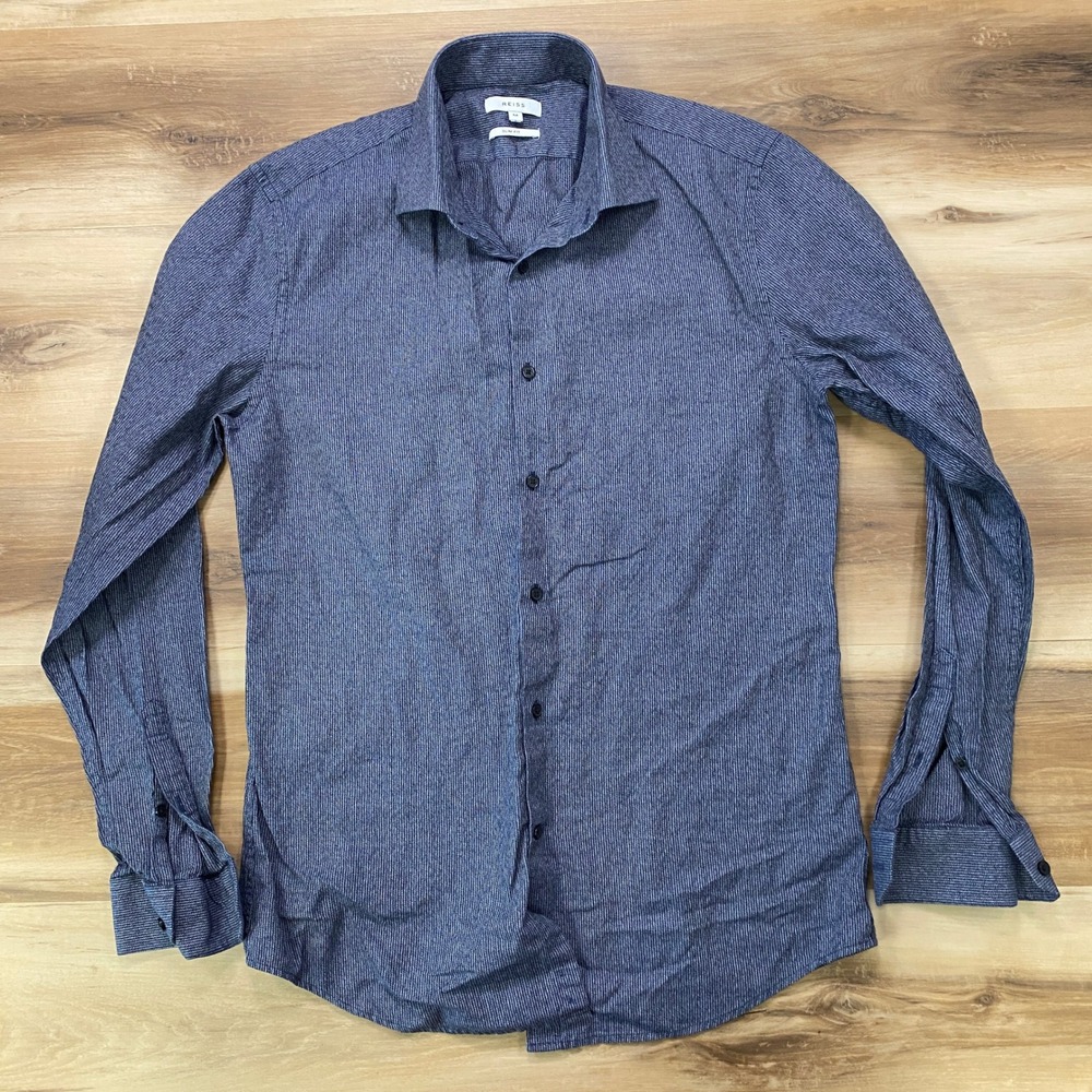 Reiss Button Down Shirt Medium Slim Fit Micro Stripe Cotton Navy Blue Shore